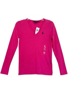 Ralph Lauren Sport V-Neck Long Sleeve Women’s Pink Tee Shirt, Size XS NWT Preppy